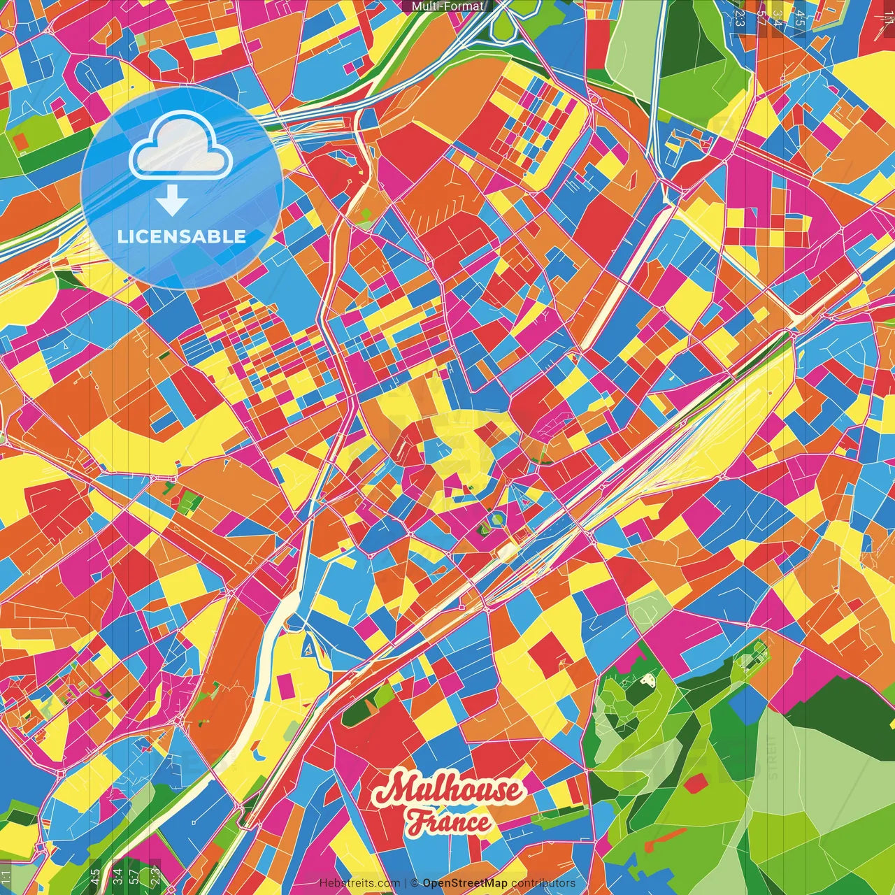 Mulhouse, Haut-Rhin, France Crazy Colorful Street Map Poster Template