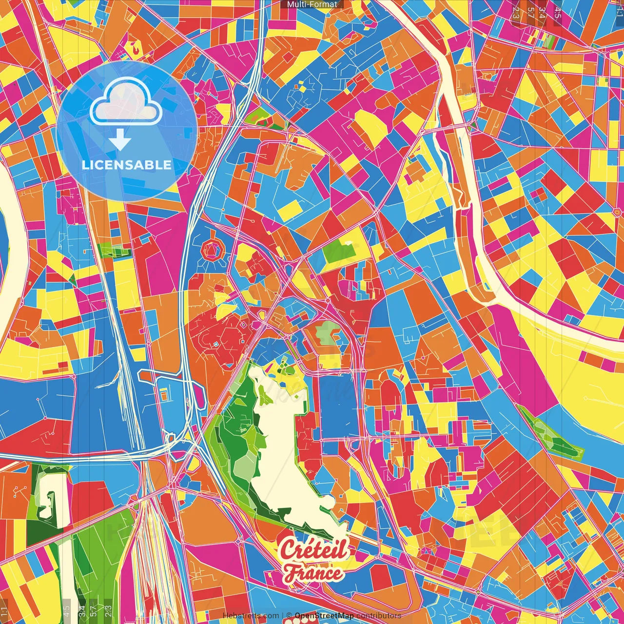 Créteil, Val-de-Marne, France Crazy Colorful Street Map Poster Template