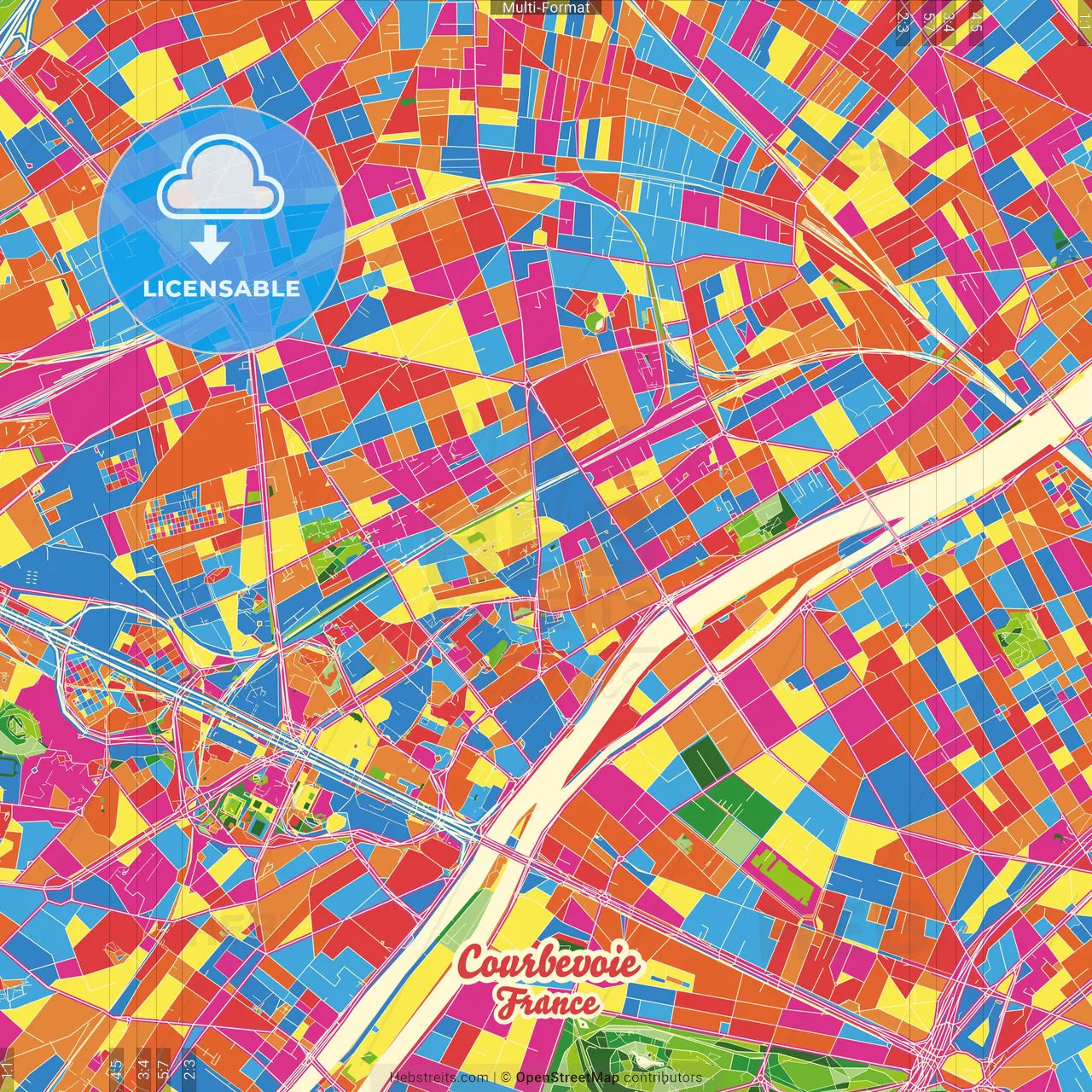 Courbevoie, Hauts-de-Seine, France Crazy Colorful Street Map Poster Template