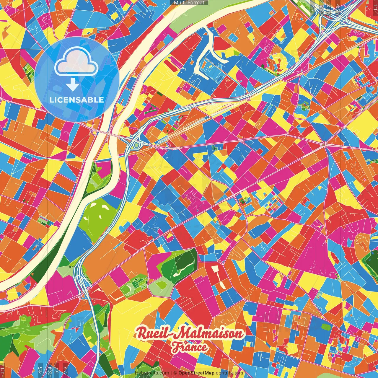 Rueil-Malmaison, Hauts-de-Seine, France Crazy Colorful Street Map Poster Template