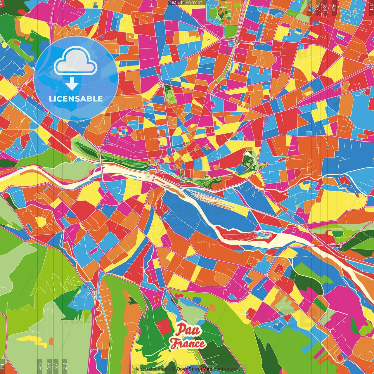 Pau, Pyrénées-Atlantiques, France Crazy Colorful Street Map Poster Template