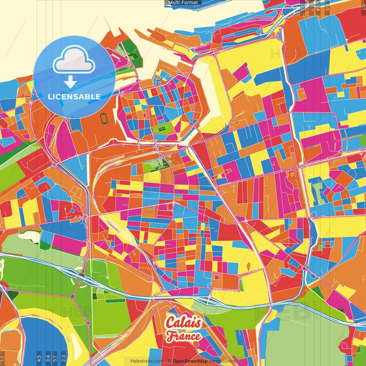 Calais, Pas-de-Calais, France Crazy Colorful Street Map Poster Template