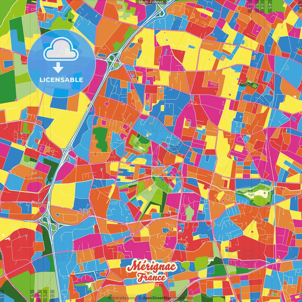 Mérignac, Gironde, France Crazy Colorful Street Map Poster Template