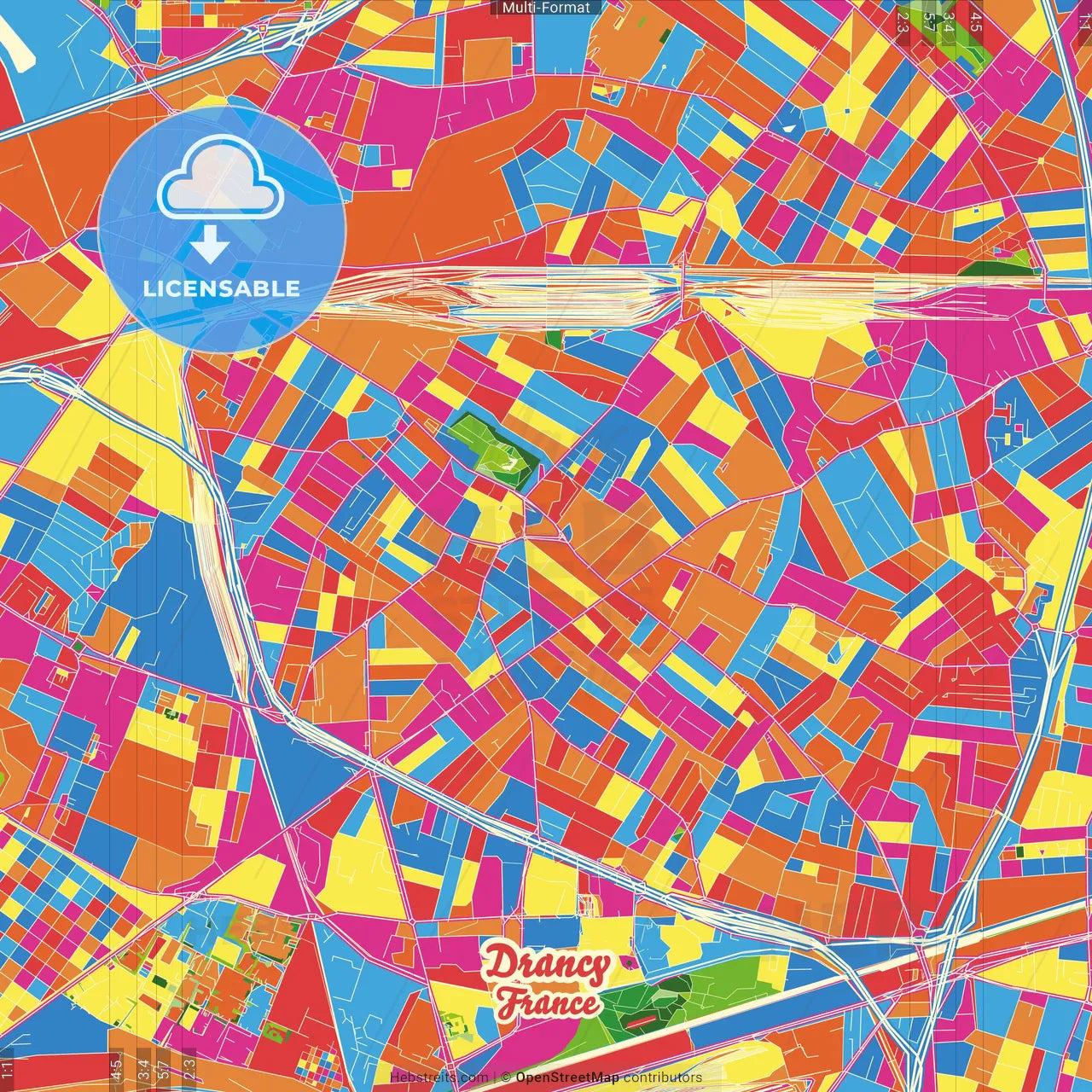 Drancy, Seine-Saint-Denis, France Crazy Colorful Street Map Poster Template