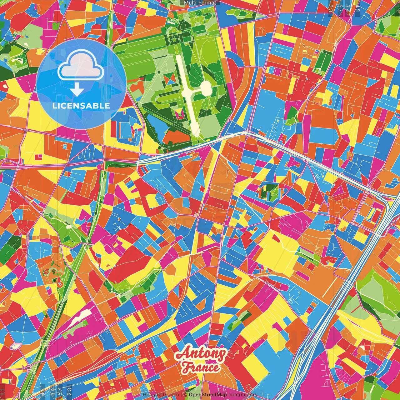 Antony, Hauts-de-Seine, France Crazy Colorful Street Map Poster Template