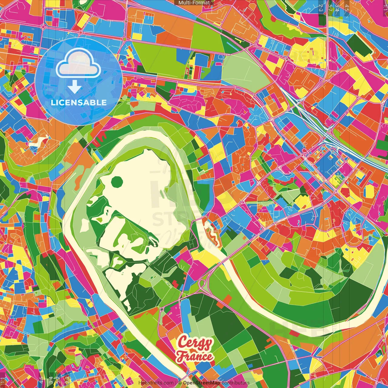 Cergy, Val-d Oise, France Crazy Colorful Street Map Poster Template