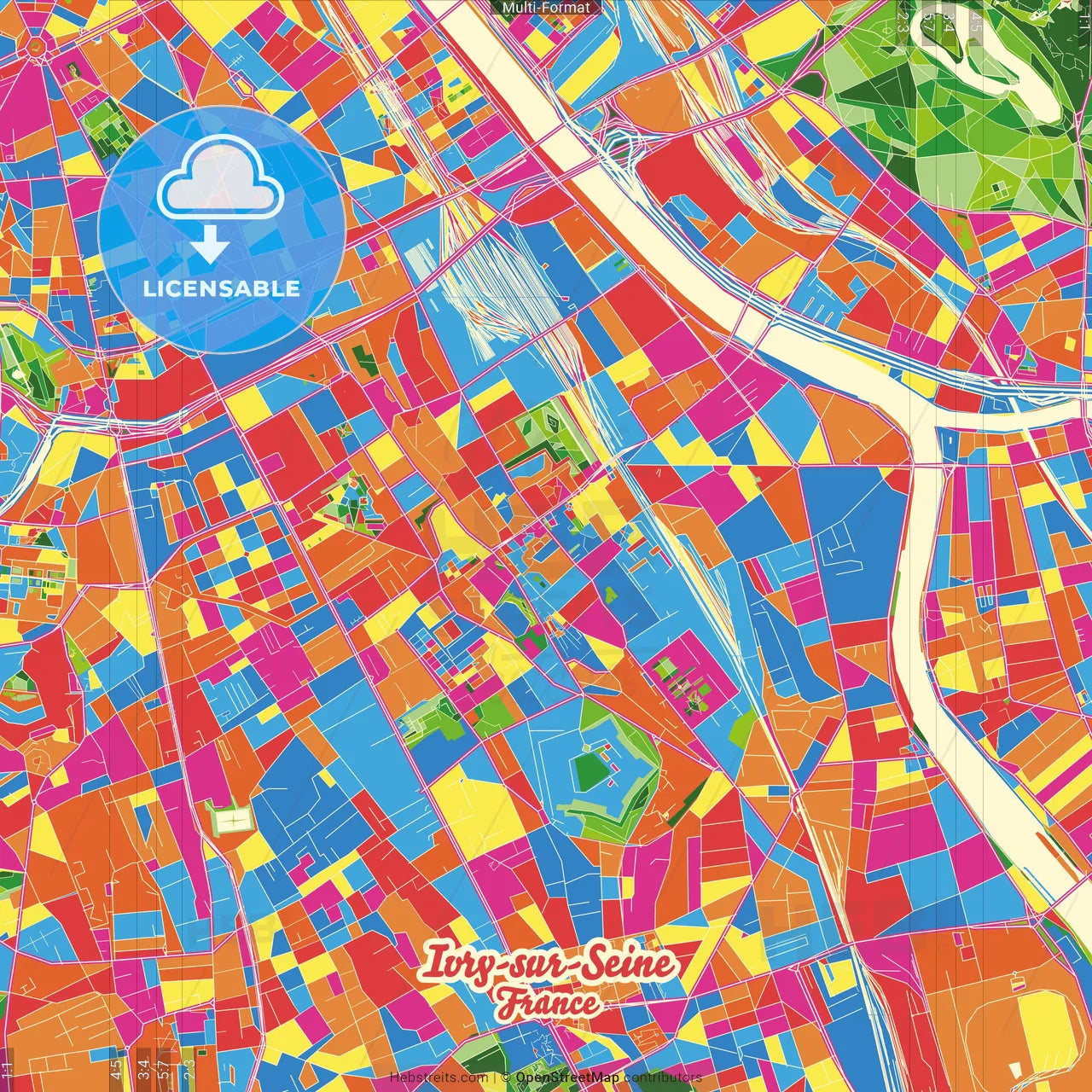 Ivry-sur-Seine, Val-de-Marne, France Crazy Colorful Street Map Poster Template