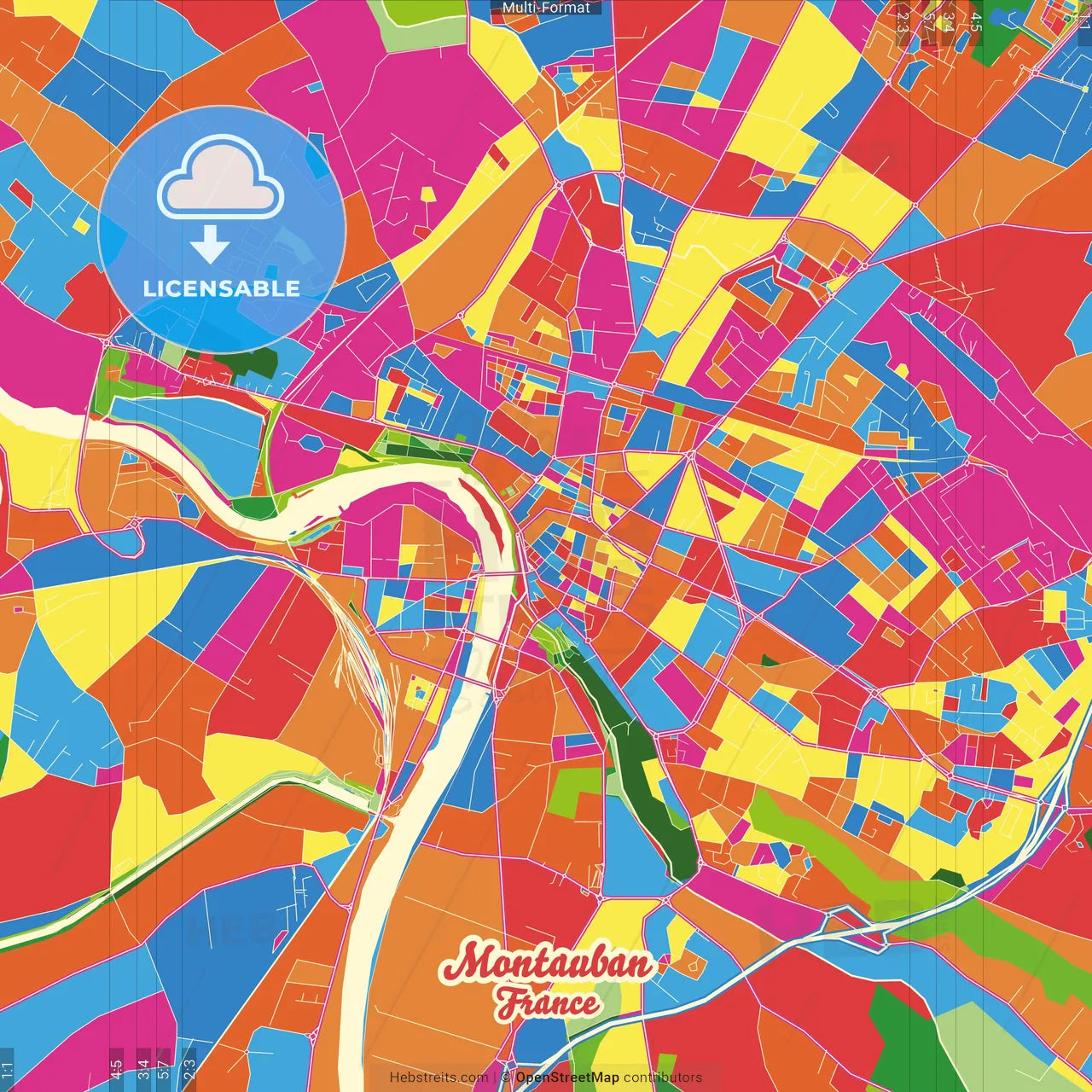 Montauban, Tarn-et-Garonne, France Crazy Colorful Street Map Poster Template