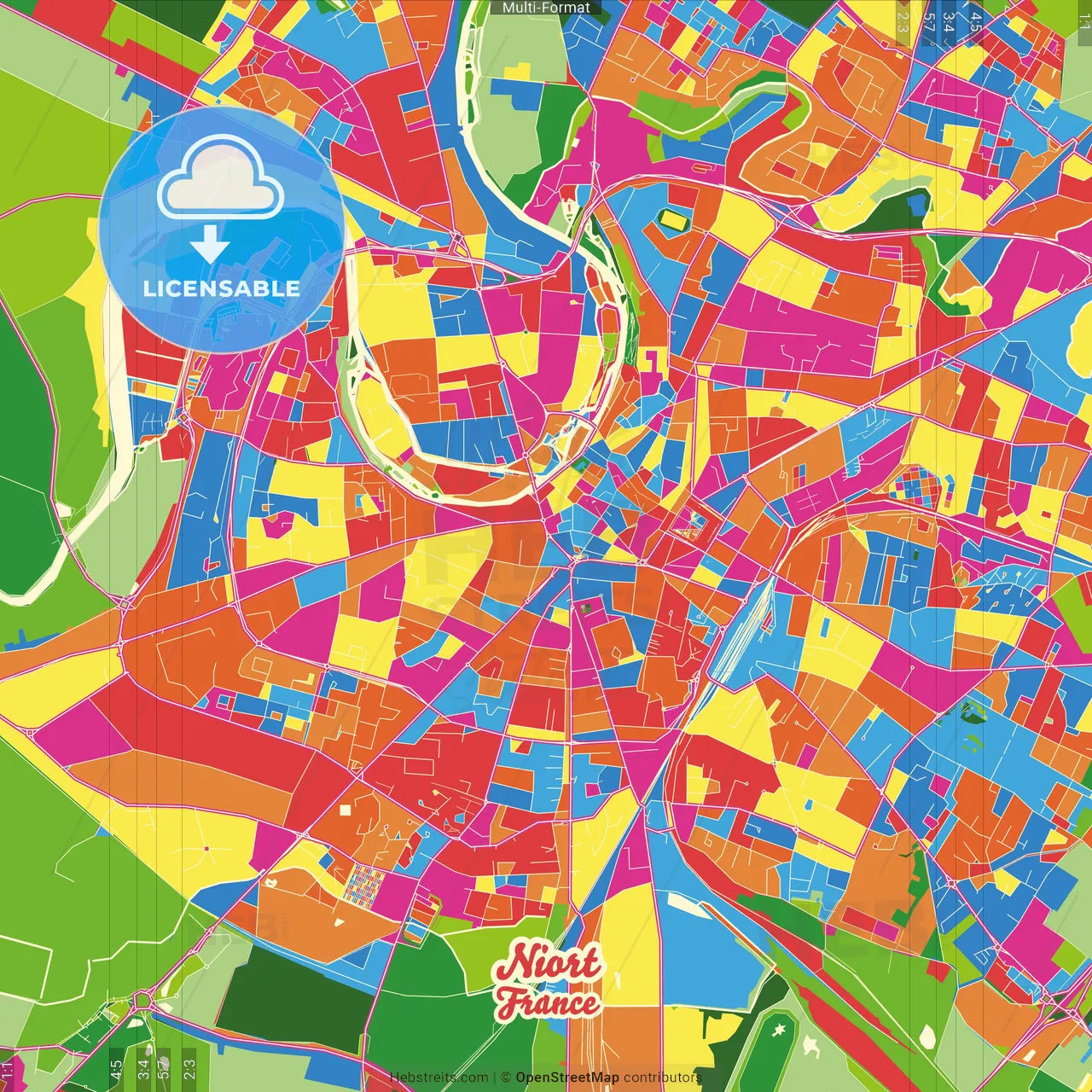 Niort, Deux-Sèvres, France Crazy Colorful Street Map Poster Template