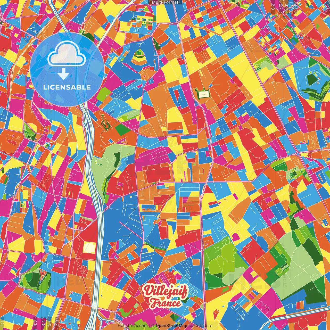 Villejuif, Val-de-Marne, France Crazy Colorful Street Map Poster Template