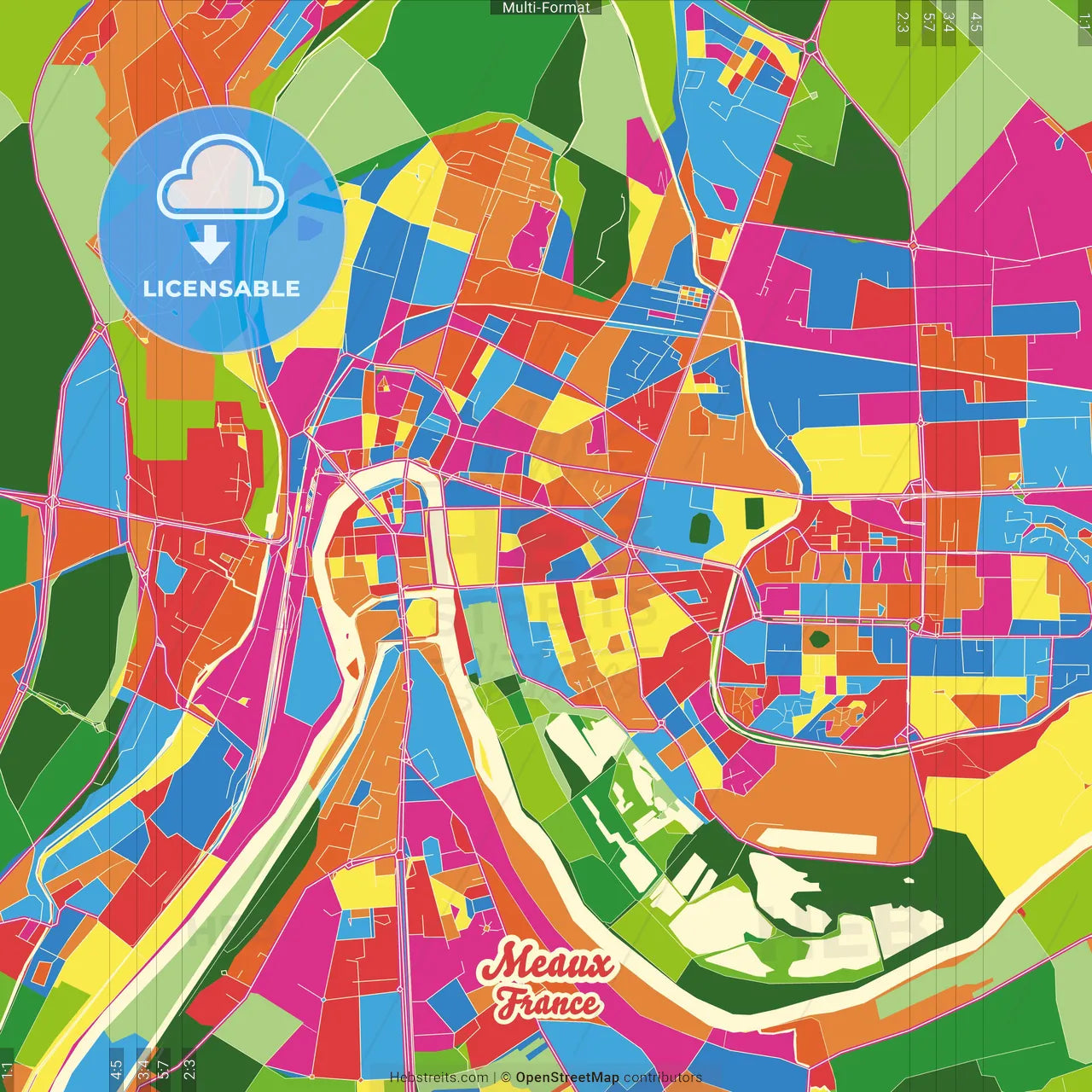 Meaux, Seine-et-Marne, France Crazy Colorful Street Map Poster Template