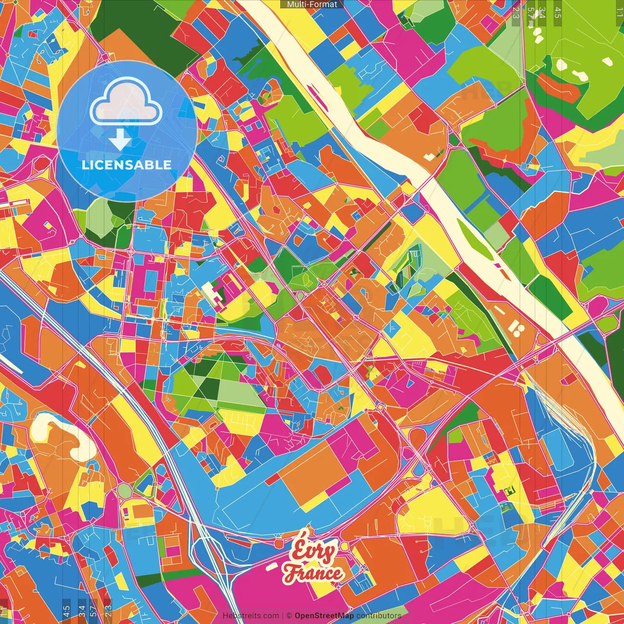 Évry, Essonne, France Crazy Colorful Street Map Poster Template