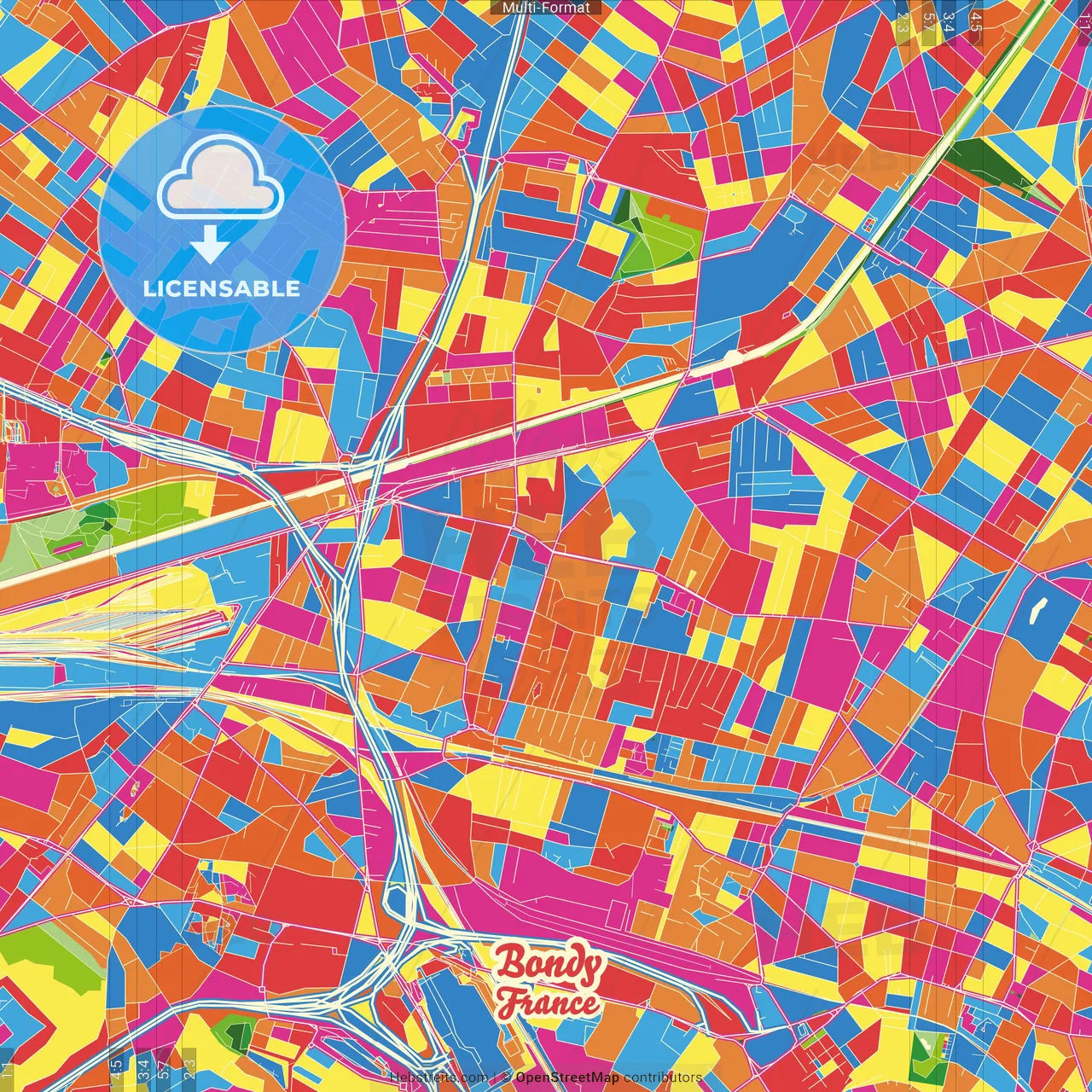 Bondy, Seine-Saint-Denis, France Crazy Colorful Street Map Poster Template