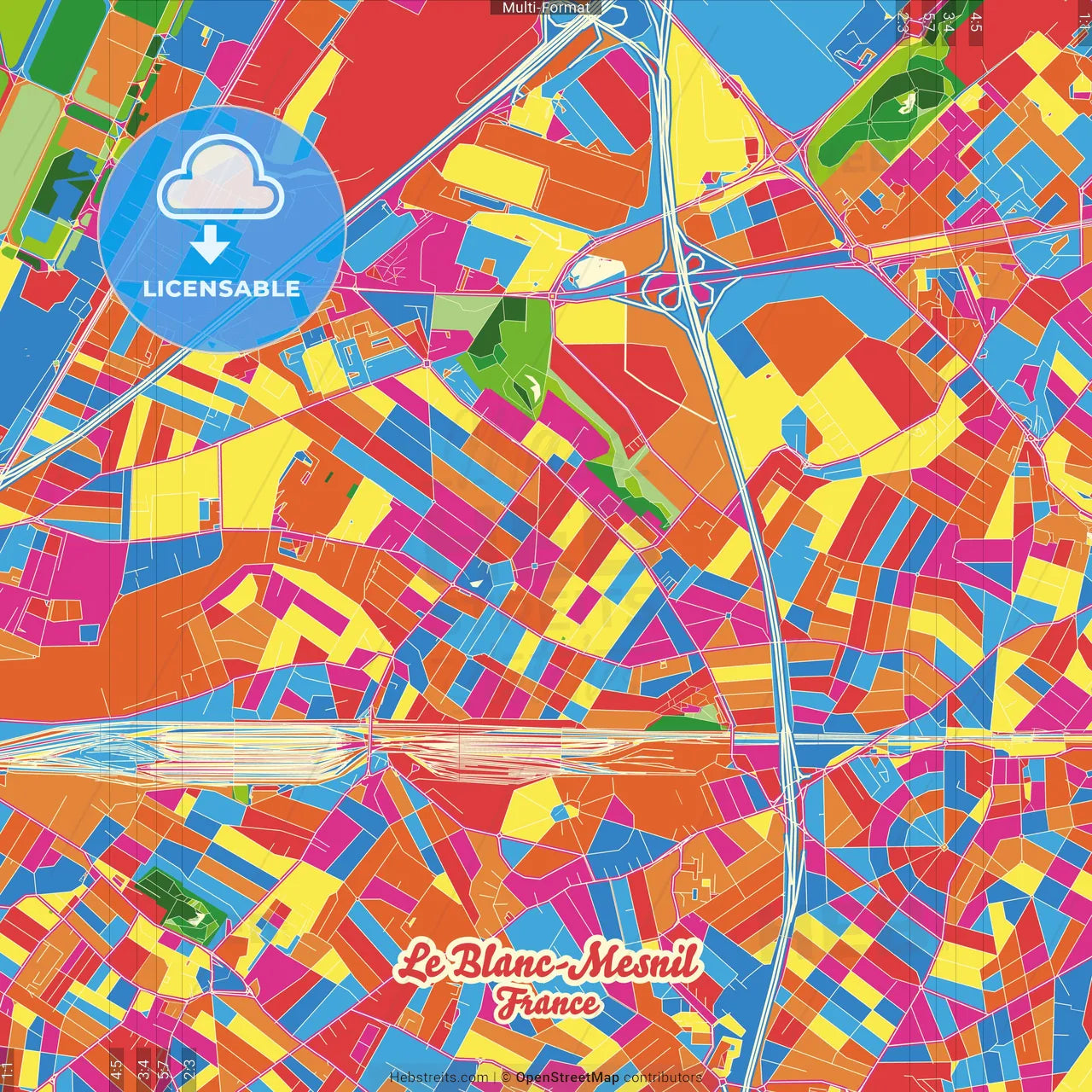 Le Blanc-Mesnil, Seine-Saint-Denis, France Crazy Colorful Street Map Poster Template
