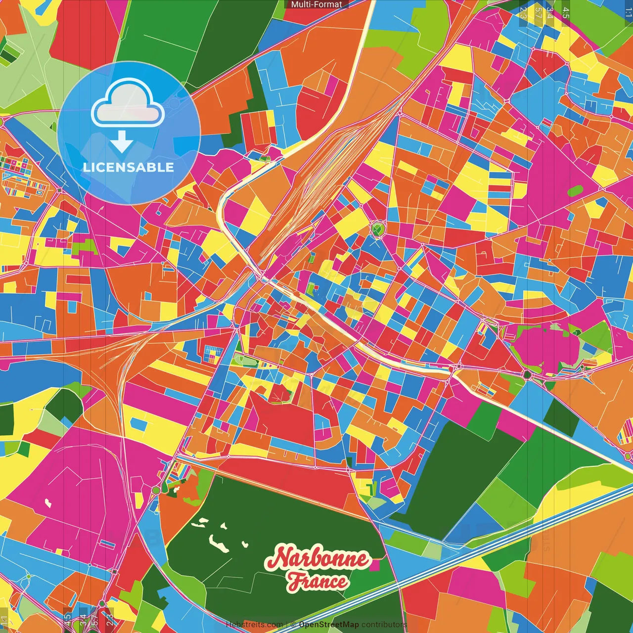 Narbonne, Aude, France Crazy Colorful Street Map Poster Template