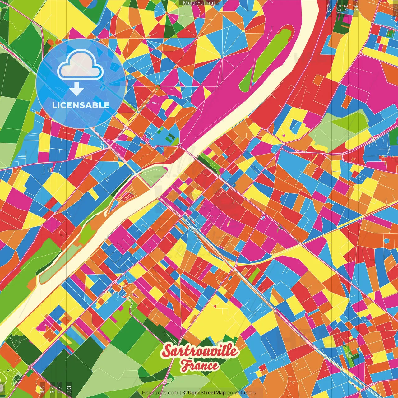 Sartrouville, Yvelines, France Crazy Colorful Street Map Poster Template