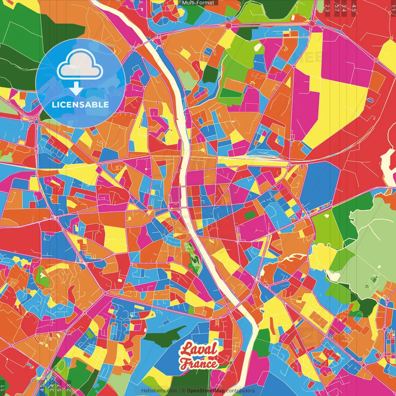 Laval, Mayenne, France Crazy Colorful Street Map Poster Template
