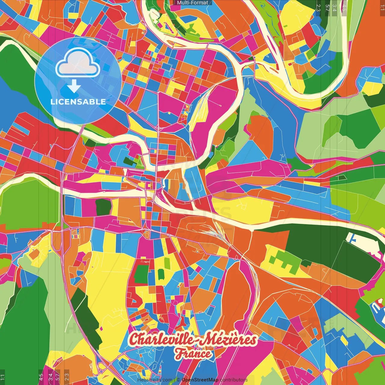 Charleville-Mézières, Ardennes, France Crazy Colorful Street Map Poster Template