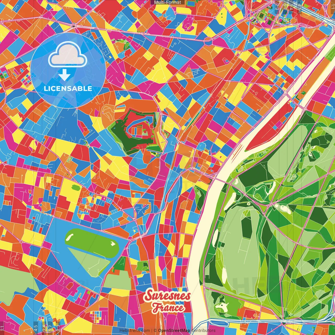 Suresnes, Hauts-de-Seine, France Crazy Colorful Street Map Poster Template