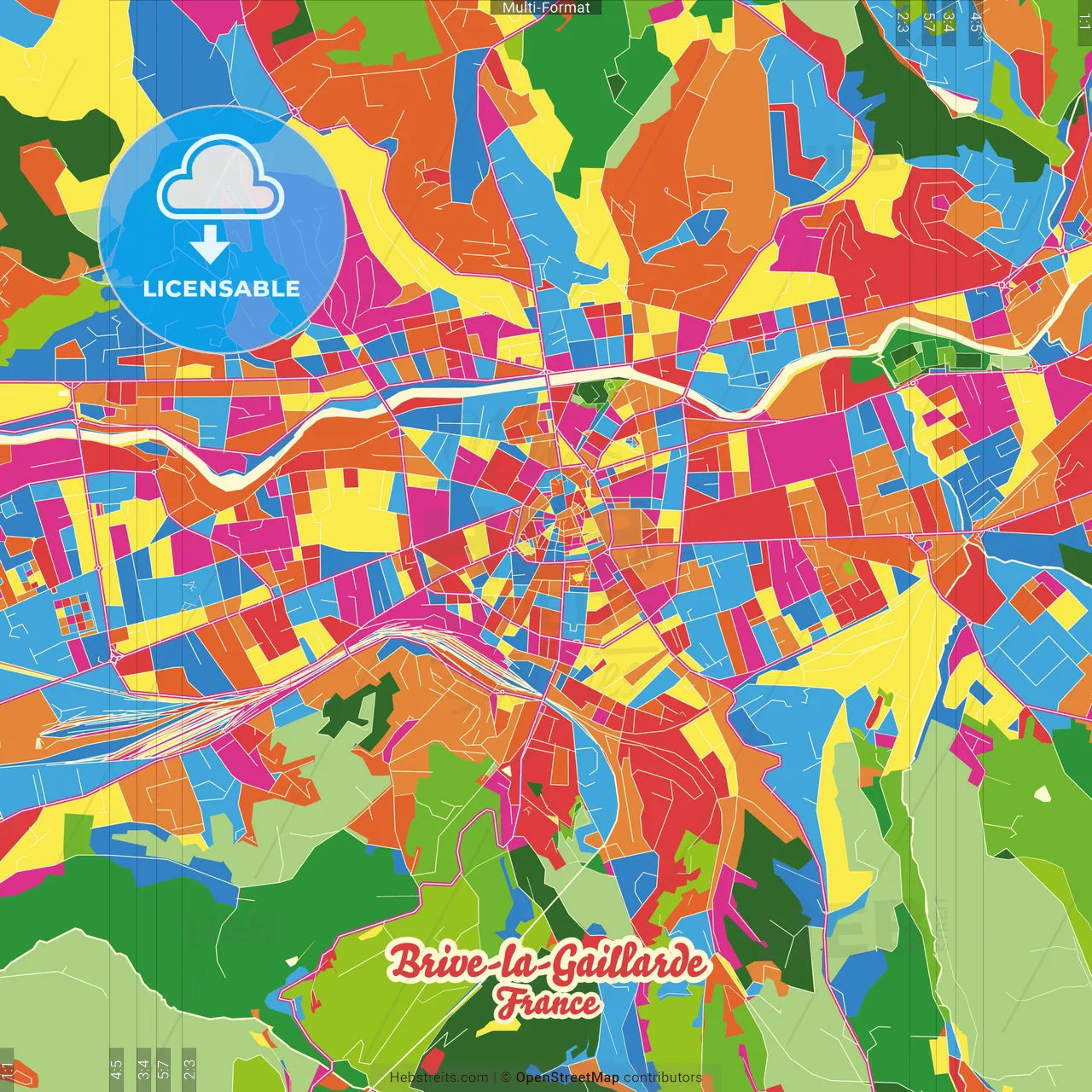 Brive-la-Gaillarde, Corrèze, France Crazy Colorful Street Map Poster Template