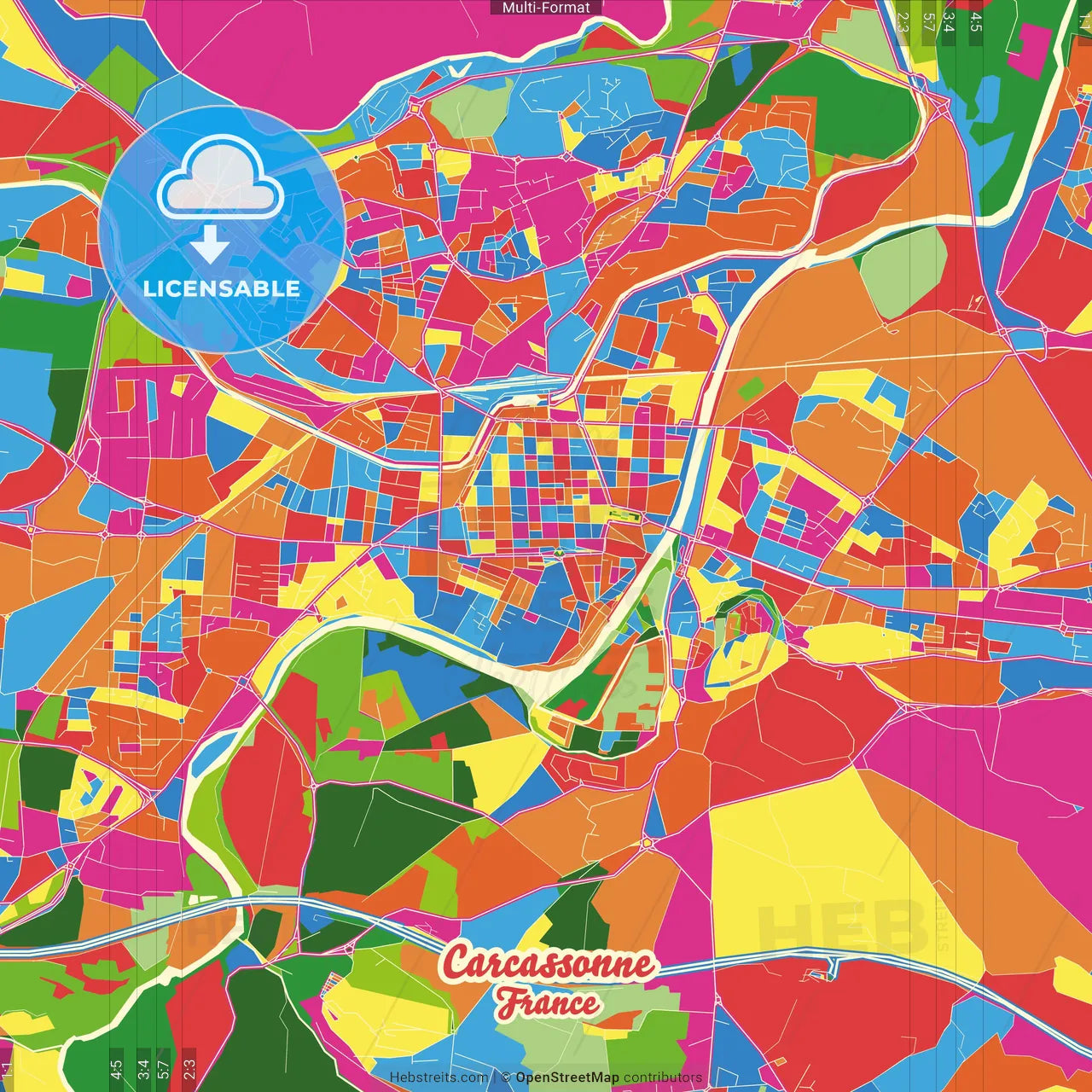 Carcassonne, Aude, France Crazy Colorful Street Map Poster Template
