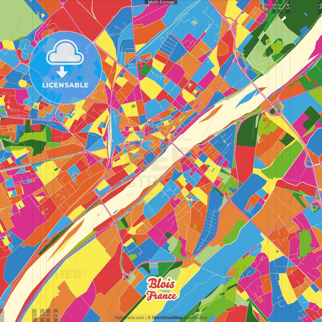 Blois, Loir-et-Cher, France Crazy Colorful Street Map Poster Template