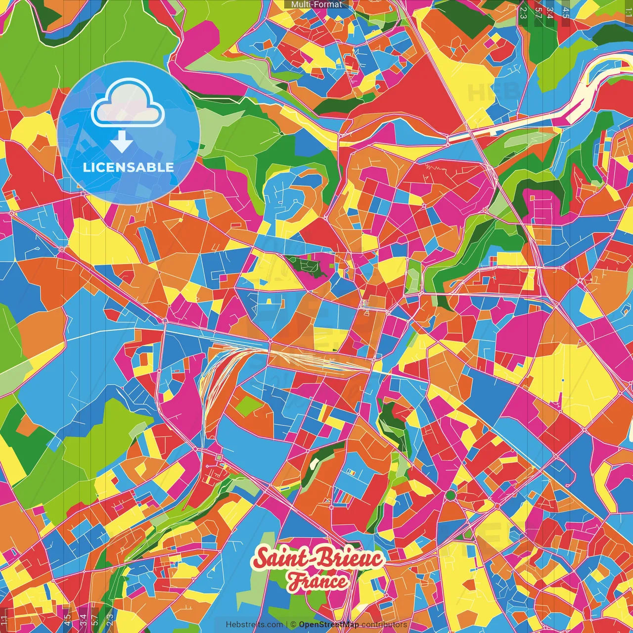 Saint-Brieuc, Côtes-d Armor, France Crazy Colorful Street Map Poster Template