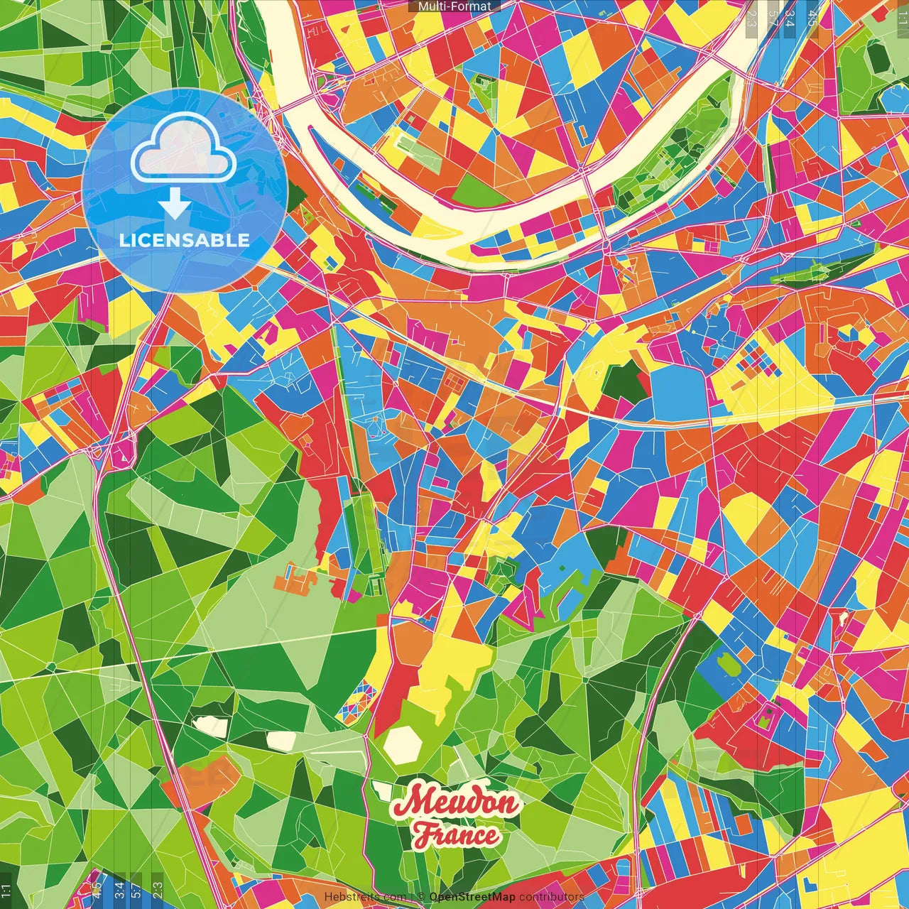 Meudon, Hauts-de-Seine, France Crazy Colorful Street Map Poster Template