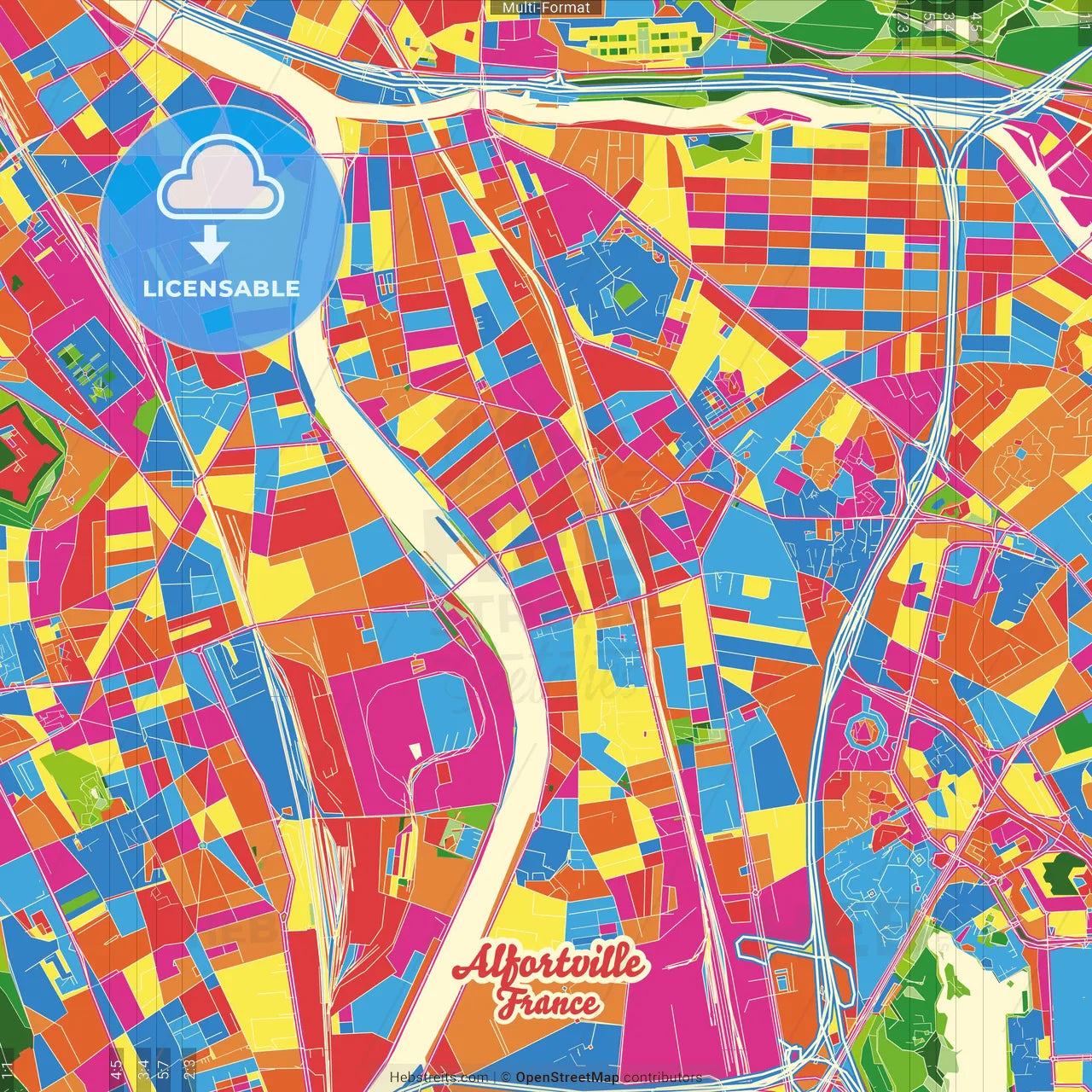 Alfortville, Val-de-Marne, France Crazy Colorful Street Map Poster Template