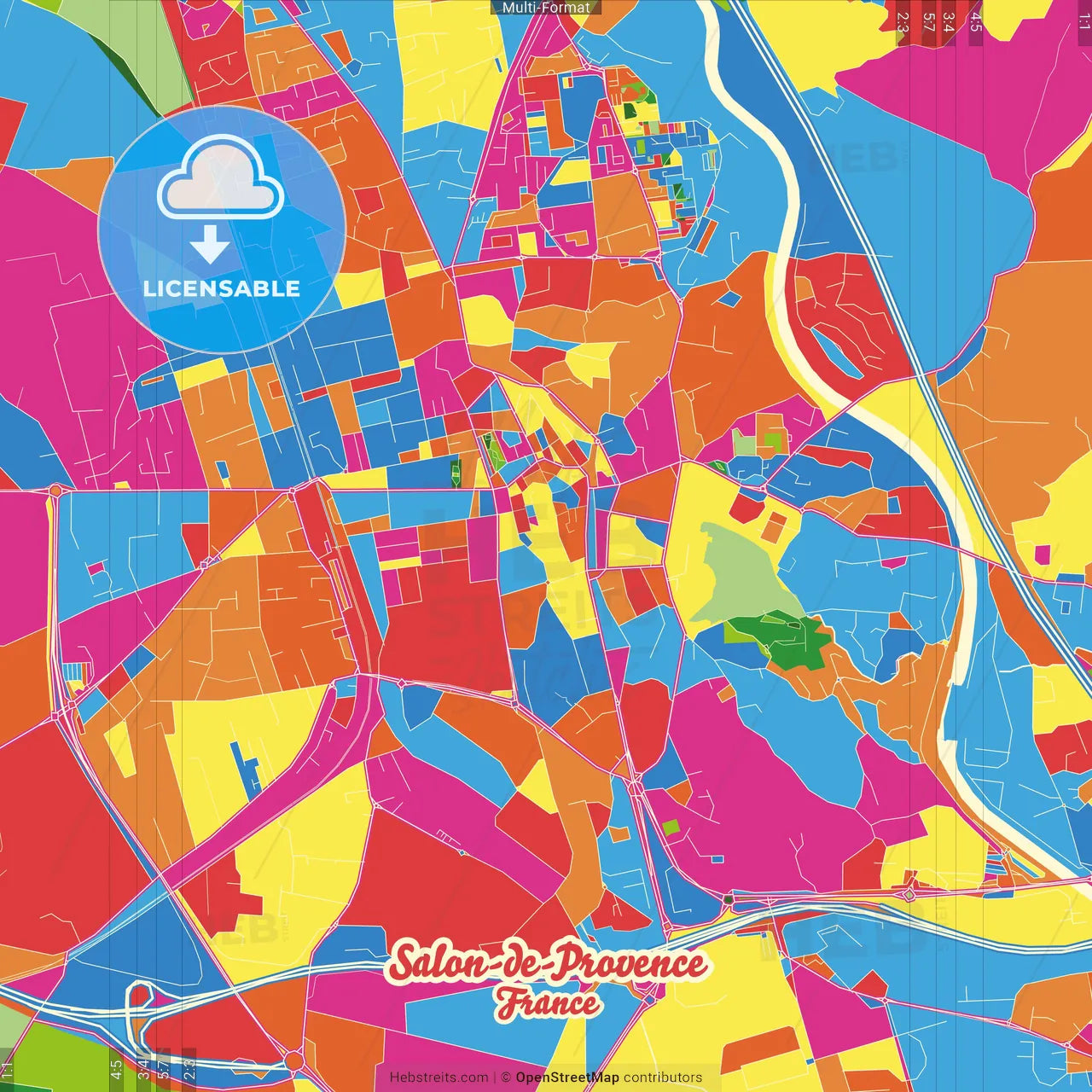 Salon-de-Provence, Bouches-du-Rhône, France Crazy Colorful Street Map Poster Template