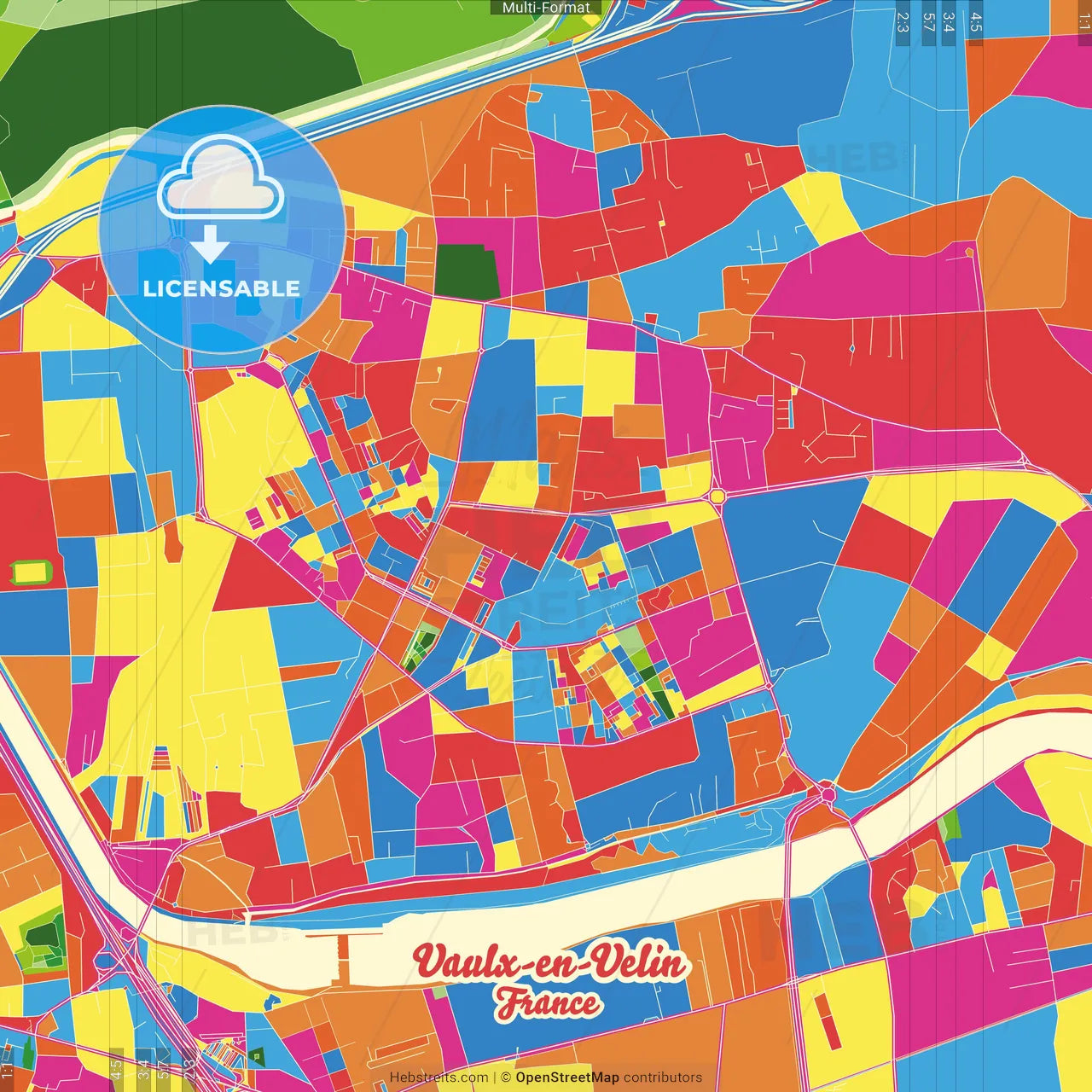 Vaulx-en-Velin, Rhône, France Crazy Colorful Street Map Poster Template