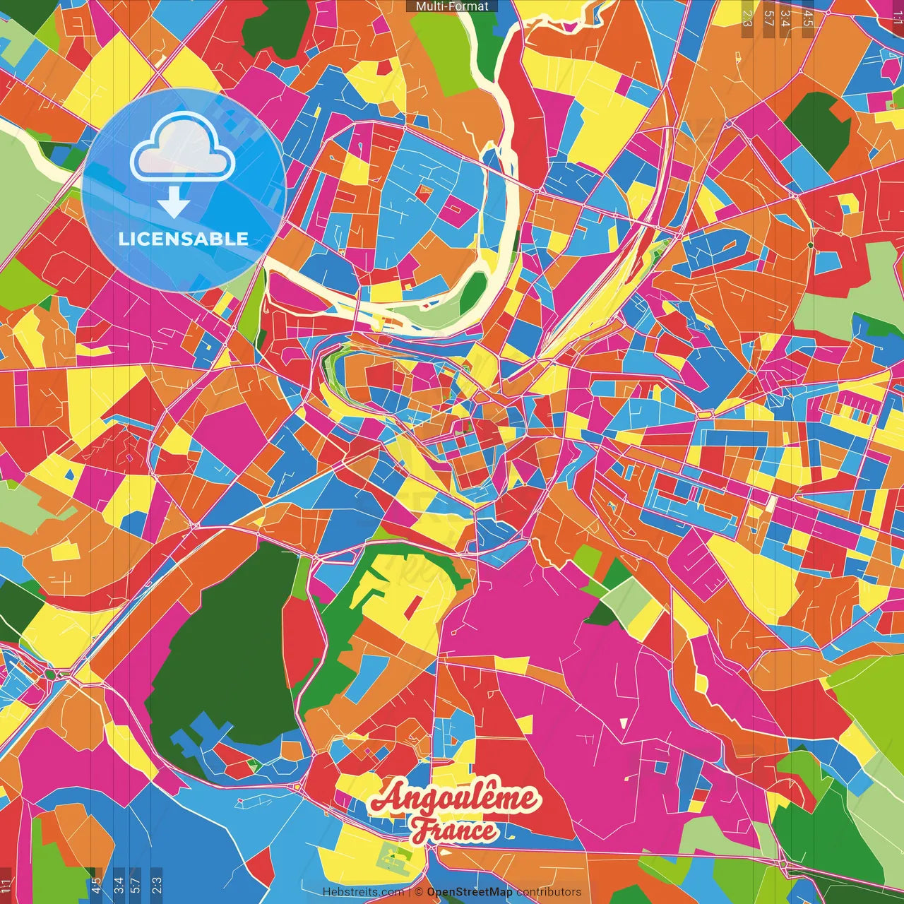Angoulême, Charente, France Crazy Colorful Street Map Poster Template