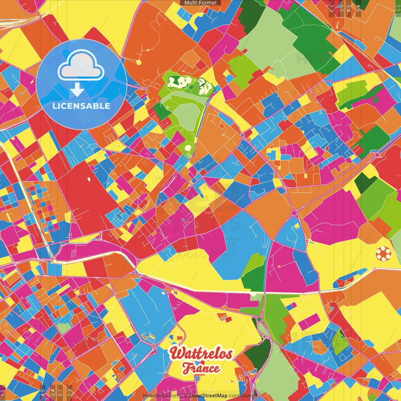 Wattrelos, Nord, France Crazy Colorful Street Map Poster Template