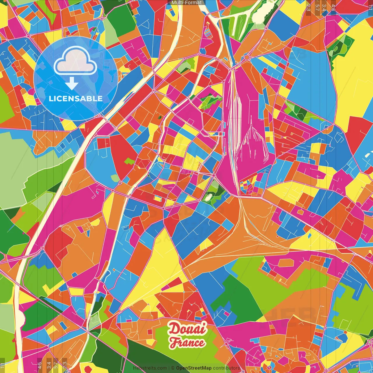 Douai, Nord, France Crazy Colorful Street Map Poster Template