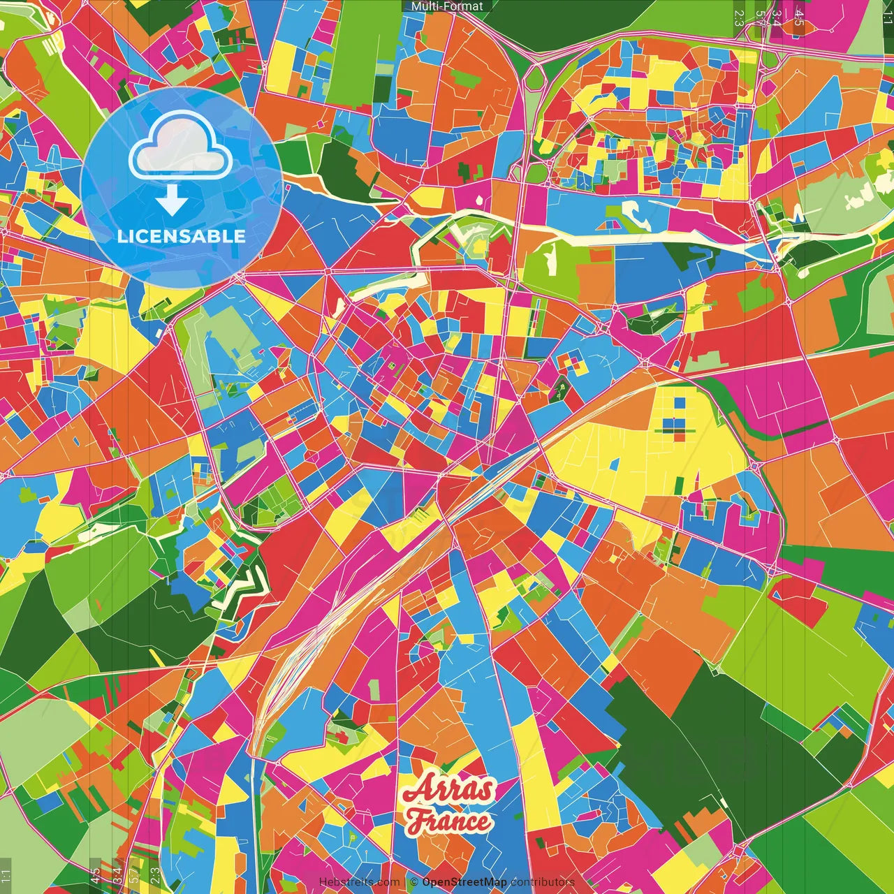 Arras, Pas-de-Calais, France Crazy Colorful Street Map Poster Template