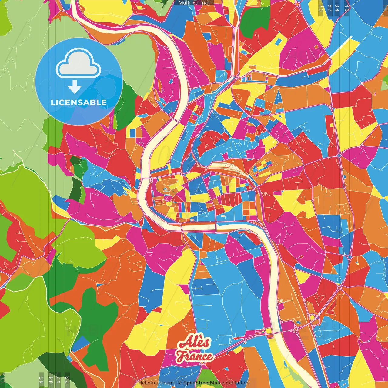 Alès, Gard, France Crazy Colorful Street Map Poster Template