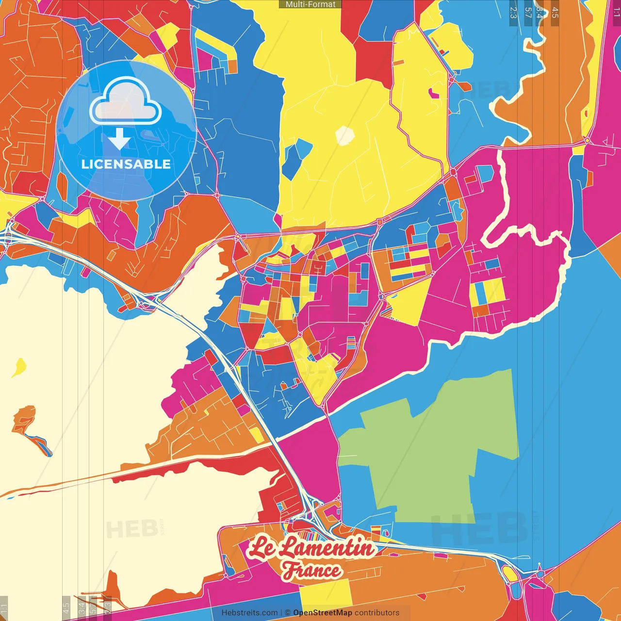 Le Lamentin, Martinique, France Crazy Colorful Street Map Poster Template