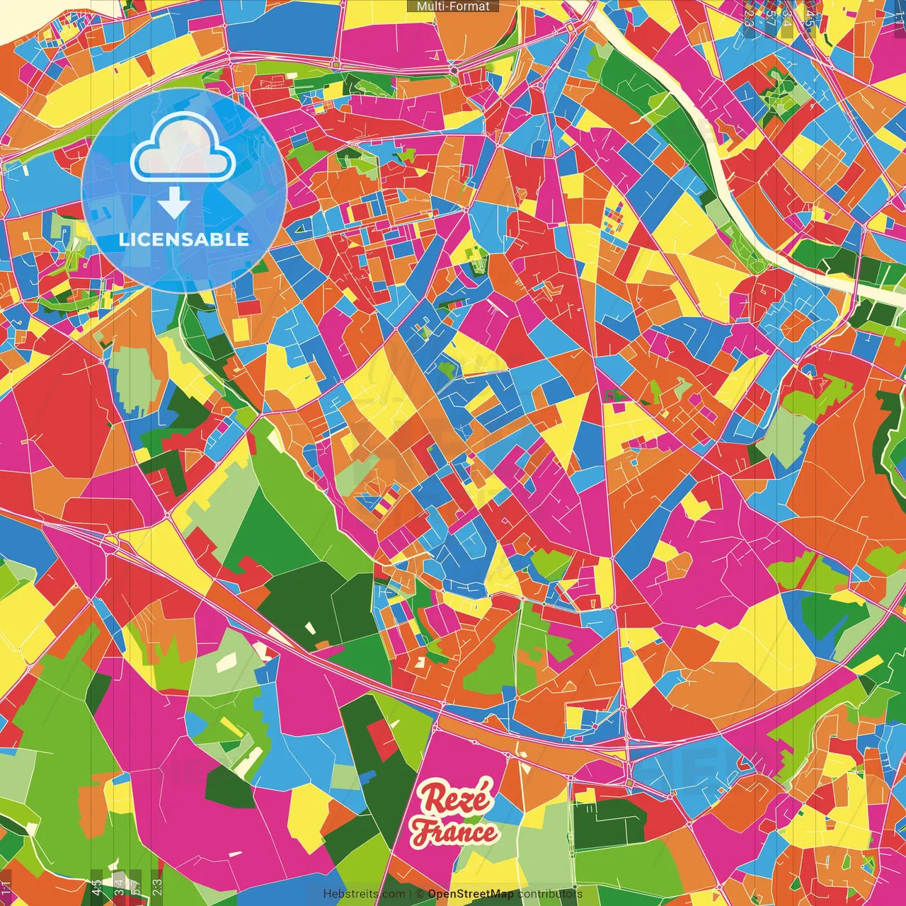 Rezé, Loire-Atlantique, France Crazy Colorful Street Map Poster Template