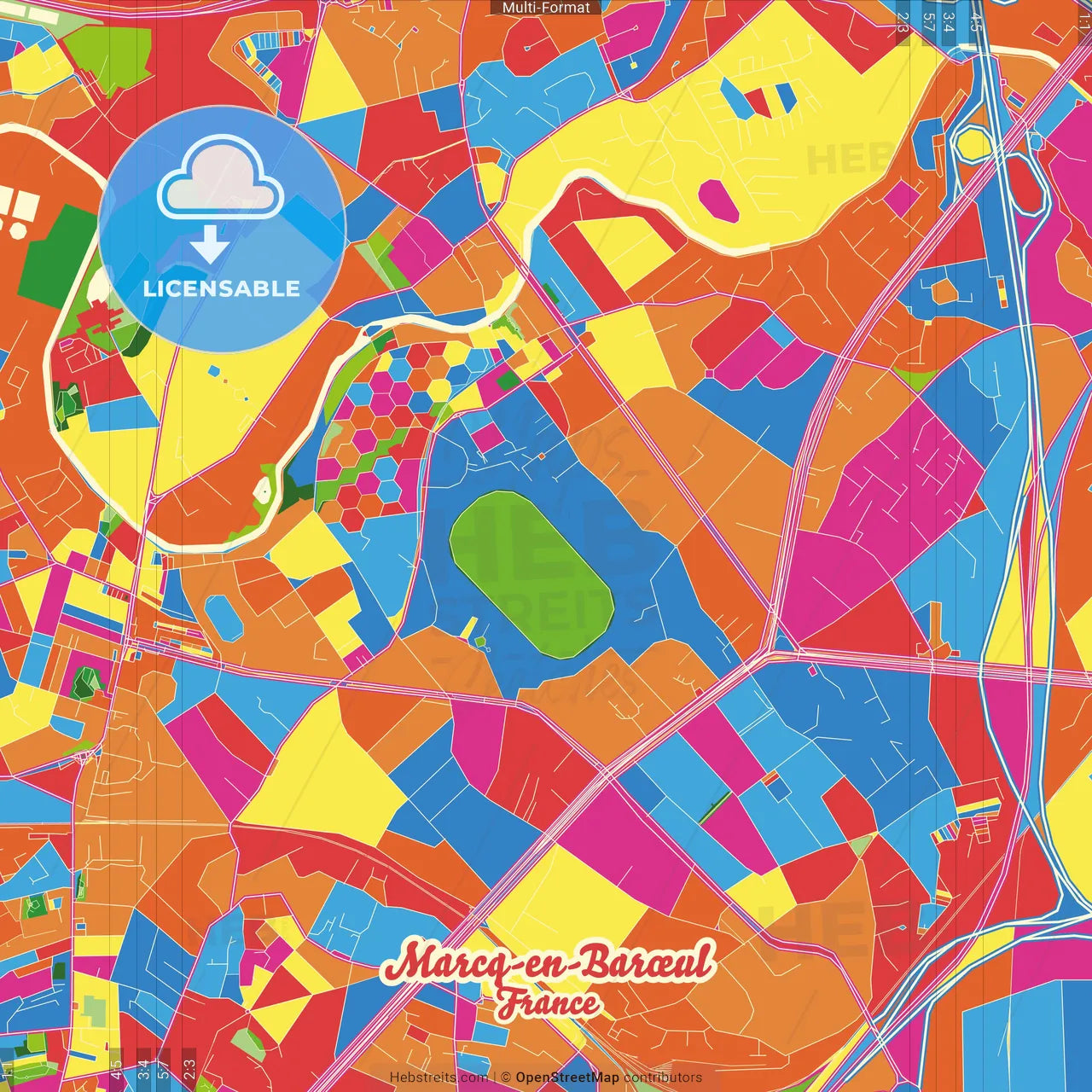 Marcq-en-Barœul, Nord, France Crazy Colorful Street Map Poster Template