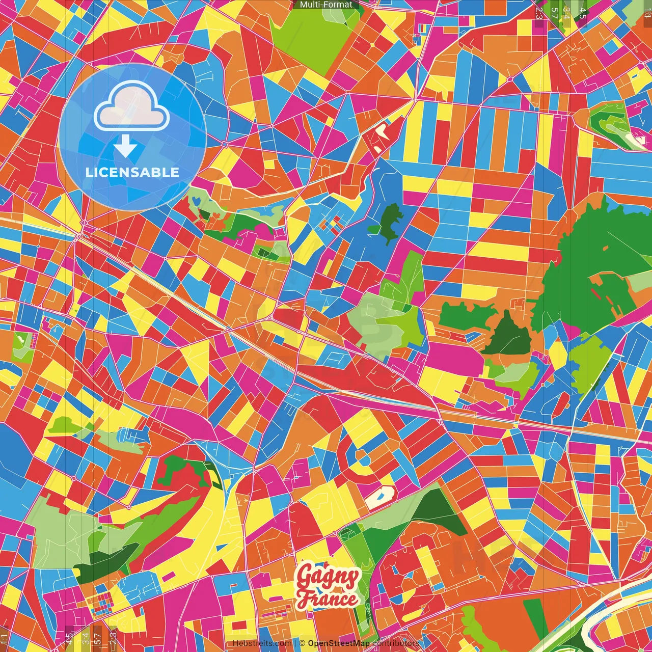 Gagny, Seine-Saint-Denis, France Crazy Colorful Street Map Poster Template