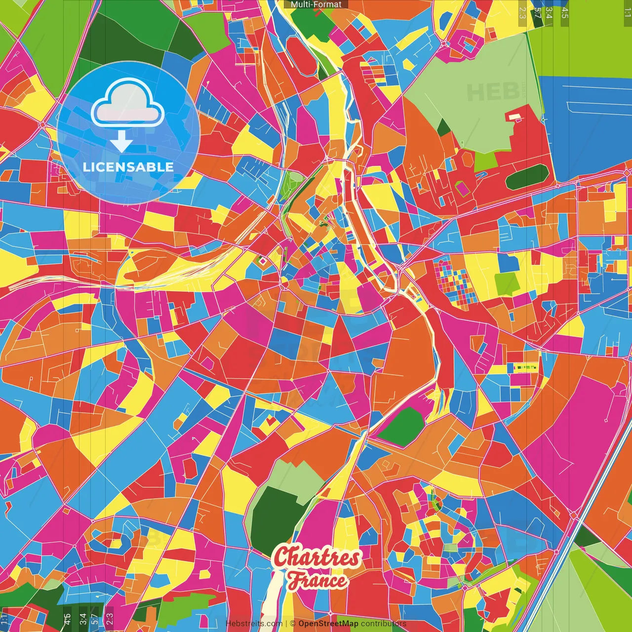 Chartres, Eure-et-Loir, France Crazy Colorful Street Map Poster Template