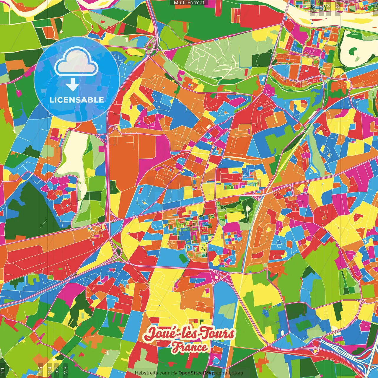 Joué-lès-Tours, Indre-et-Loire, France Crazy Colorful Street Map Poster Template