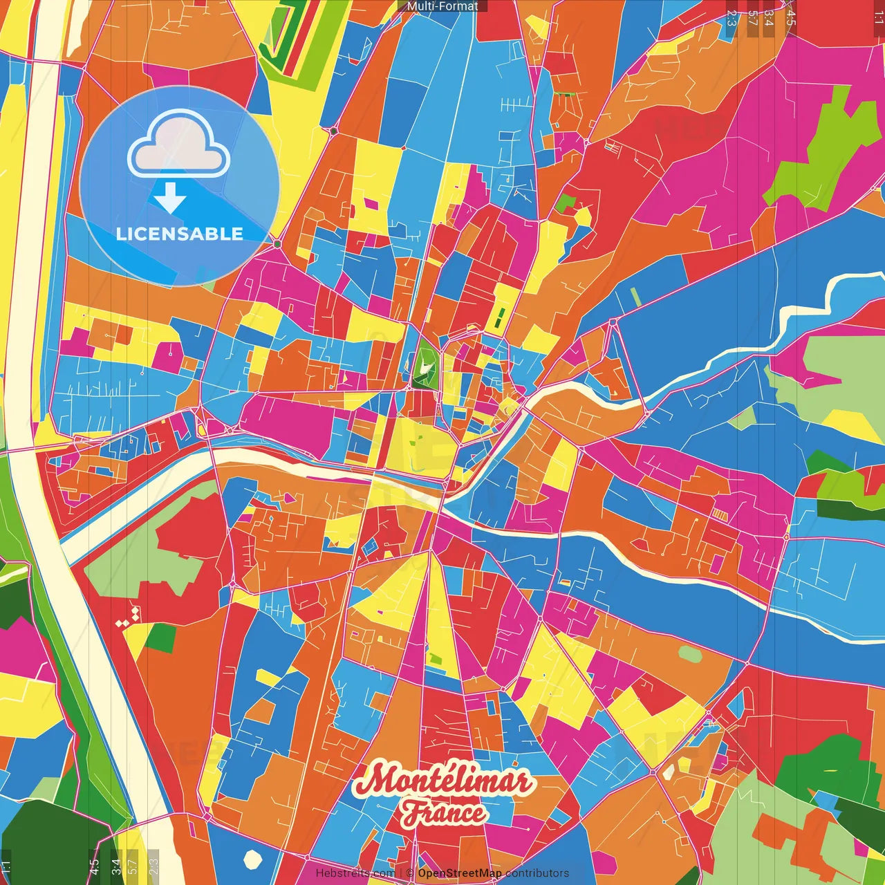Montélimar, Drôme, France Crazy Colorful Street Map Poster Template