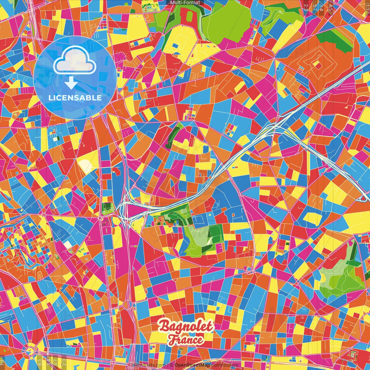 Bagnolet, Seine-Saint-Denis, France Crazy Colorful Street Map Poster Template