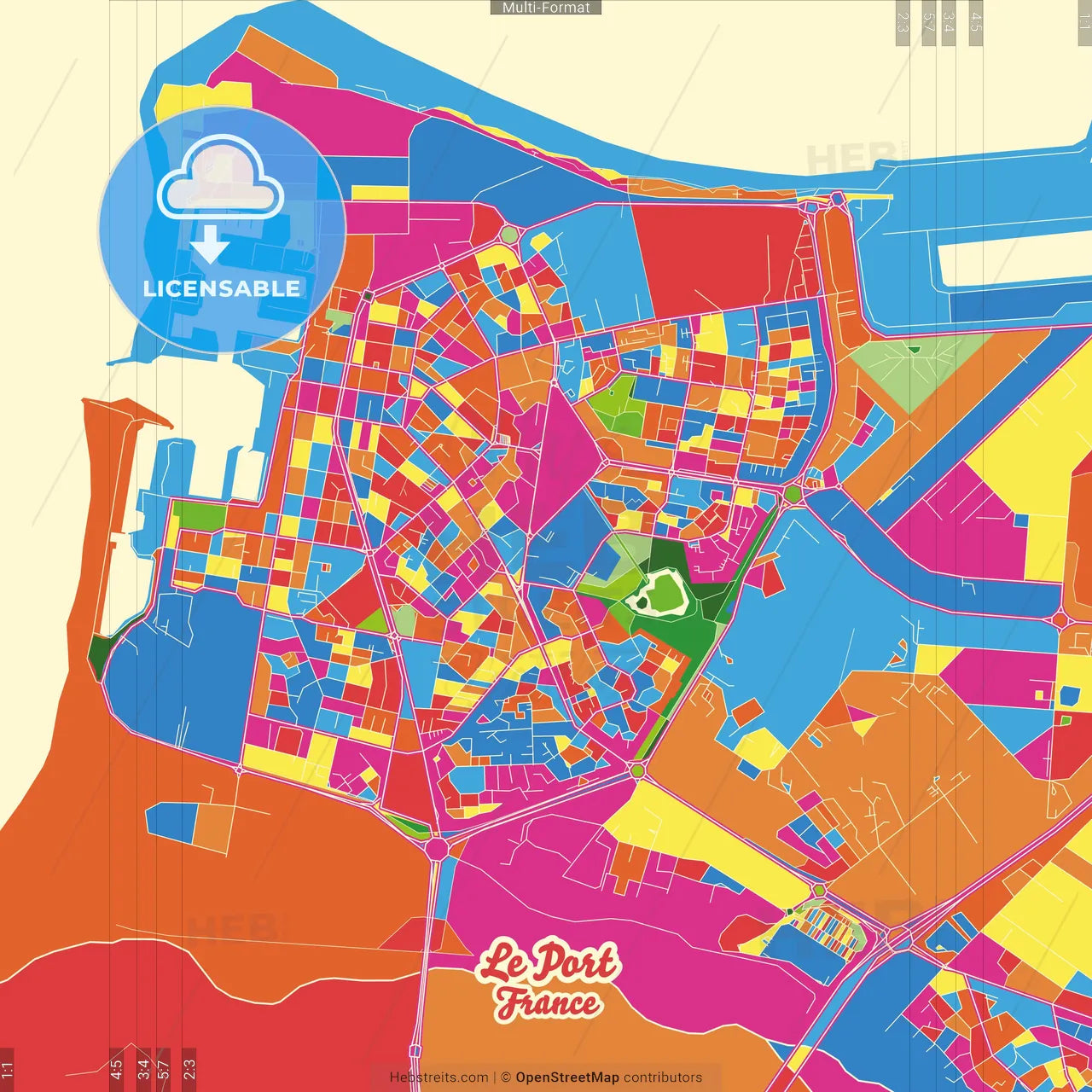 Le Port, Réunion, France Crazy Colorful Street Map Poster Template