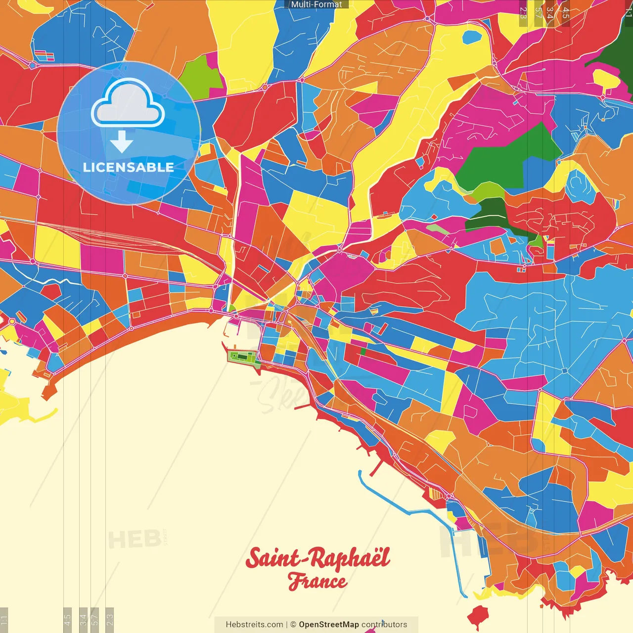 Saint-Raphaël, Var, France Crazy Colorful Street Map Poster Template