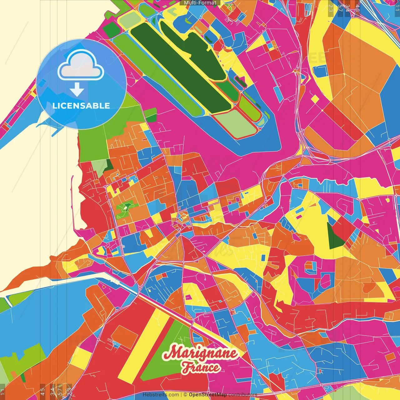 Marignane, Bouches-du-Rhône, France Crazy Colorful Street Map Poster Template