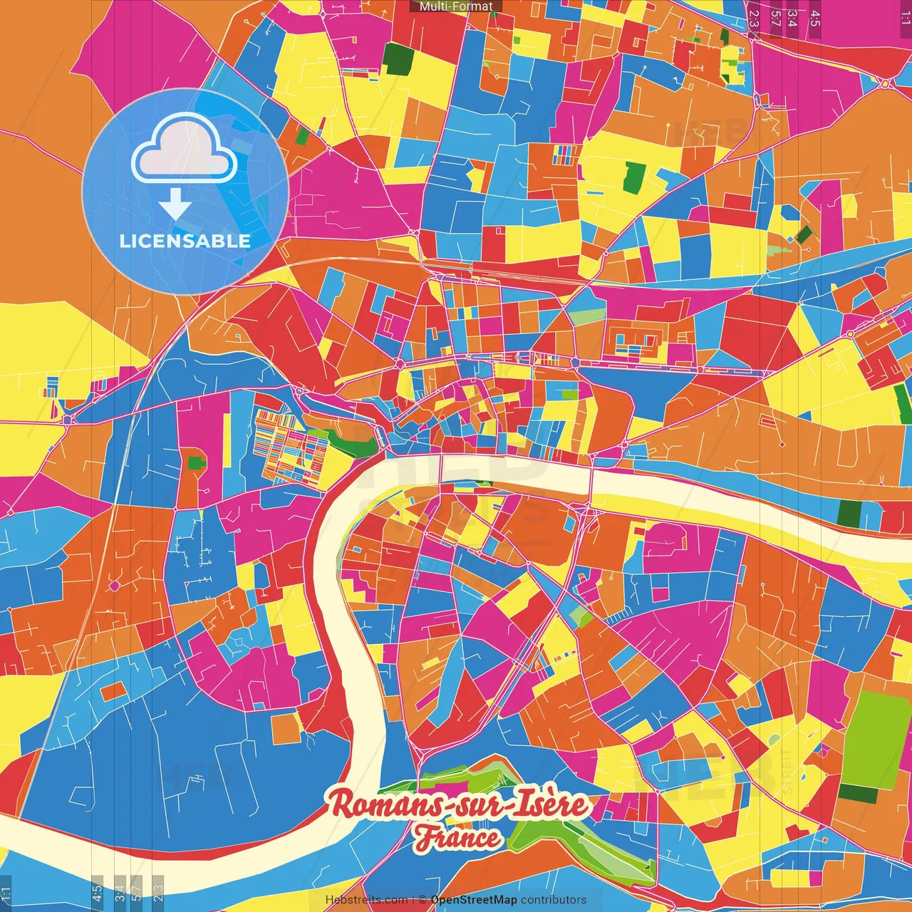 Romans-sur-Isère, Drôme, France Crazy Colorful Street Map Poster Template