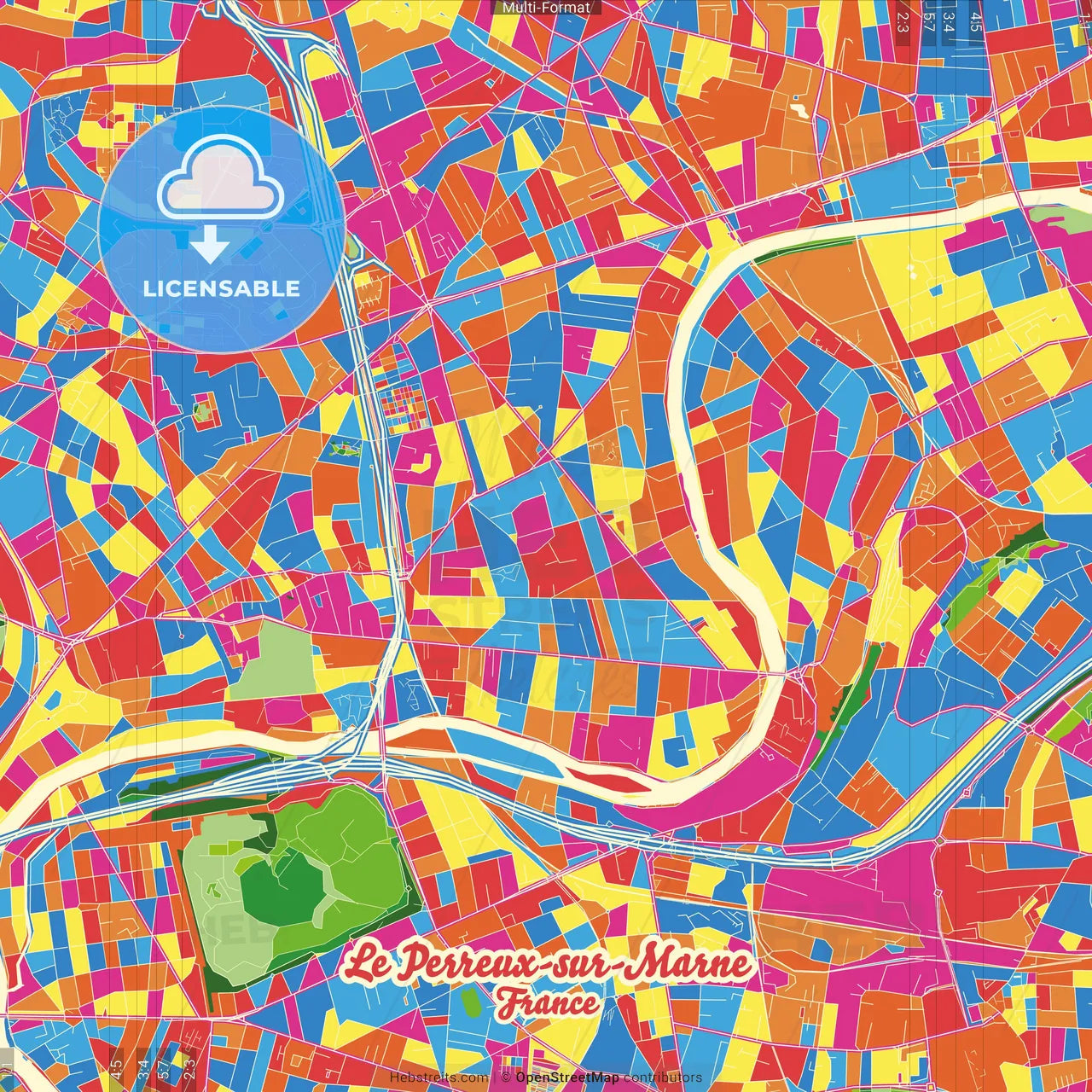 Le Perreux-sur-Marne, Val-de-Marne, France Crazy Colorful Street Map Poster Template