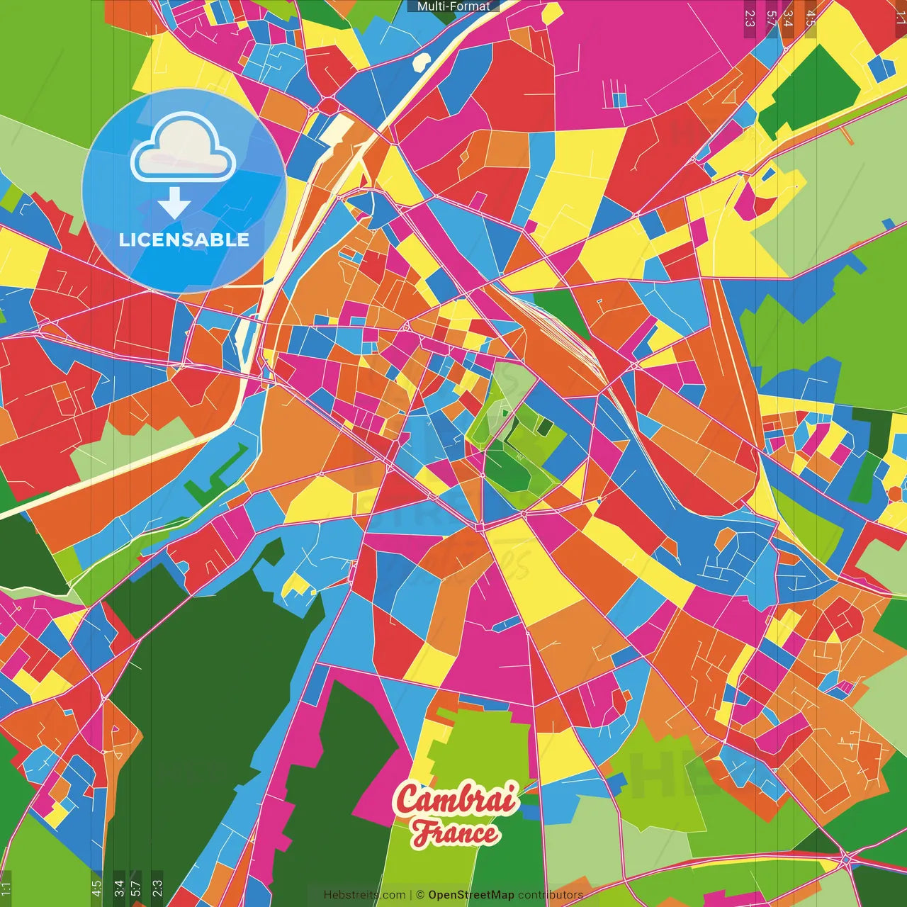 Cambrai, Nord, France Crazy Colorful Street Map Poster Template